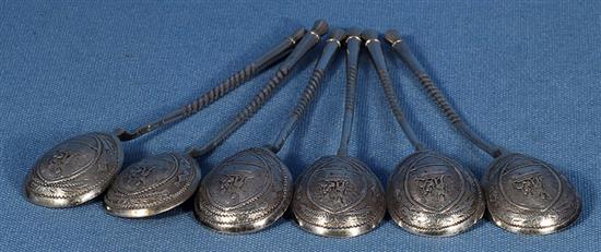 A set of six late 19th/early 20th century Russian 84 zolotnik silver picture back spoons, Length 5 ¼/133mm Total Weight: 3oz/83grms